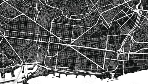 Barcelona Spain black and white city map vector, monochrome street map, editable EPS