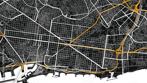 Barcelona Spain black and white city map vector, monochrome street map, editable EPS