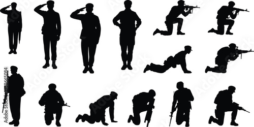 Soldier silhouettes, military poses, combat stances, rifle aiming, saluting figure, crawling soldier, kneeling position, crouching stance, ceremonial military illustration