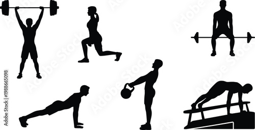 Fitness exercise silhouettes, strength training icons, workout movement illustration, barbell lifting, kettlebell swing, push-up plank, lunge squat, conditioning workout design