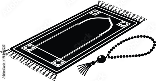 Islamic prayer mat silhouette illustration, tasbih beads design, spiritual worship symbol, religious cultural art, Ramadan Eid motif, decorative sacred graphic