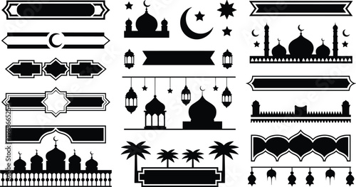 Islamic decorative vector design collection, mosque silhouettes, crescent moon star art, Ramadan Eid motifs, cultural religious icons, ornamental geometric border graphic