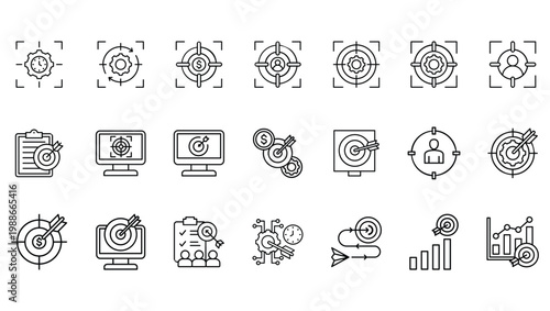 Business Targeting and Goal Achievement Line Icons Set – Strategy, Marketing, Focus, Analytics, Performance Growth, Financial Target, Customer Targeting, Productivity and Planning Vector Outline 