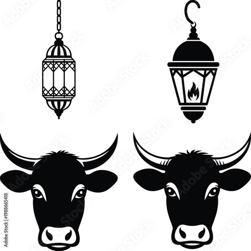 Lantern and bull silhouette illustration, decorative cultural icons, geometric design art, traditional festival symbol, strong animal graphic, creative ornamental pattern
