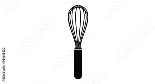 A simple black and white illustration depicts a stainless steel wire whisk with a dark handle
