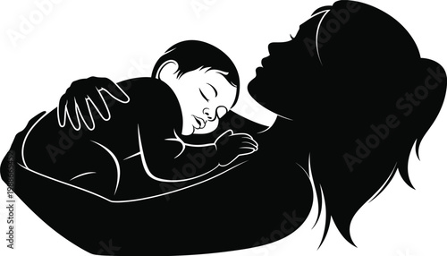 Mother cradling child silhouette illustration, family love art, parent child bond design, nurturing care, protective motherhood symbol, peaceful affection graphic
