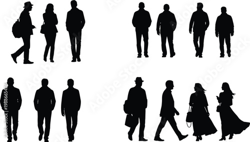 Black silhouette collection of men and women walking in casual winter clothing, stylish group of people, urban pedestrian street scene.