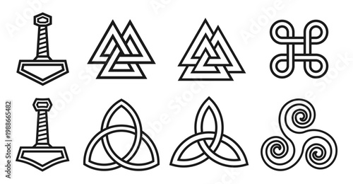 Pagan symbol collection. Valknut, triquetra and celtic infinity knot sign. Triskelion and trinity symbol.  Looped square icon. Thor hammer mjolnir. Norse viking culture logo. Vector illustration image
