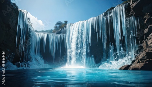 Majestic Waterfall Cascading into a Turquoise Pool in a Lush Landscape.