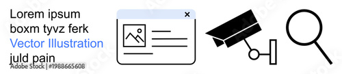 Security systems, data protection, digital media, identity verification, document management, investigation. A surveillance camera, document screen and magnifying glass symbol. Security systems
