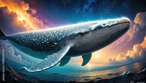 Majestic whale soars through a vibrant sky, blending ocean and heavens.