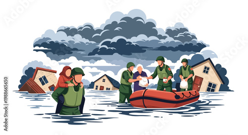 Flat style vector illustration of soldiers helping civilians during disaster flood relief, representing humanitarian aid, support services, and emergency response efforts