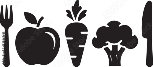 Black food icons, vegetable symbols, kitchen utensils, healthy eating graphics, flat design