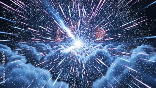 Bright cinematic light explosion in space above blue clouds