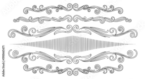 Swirls decorative element set with black curvilinear lines and flourishes, symmetry ornamental design