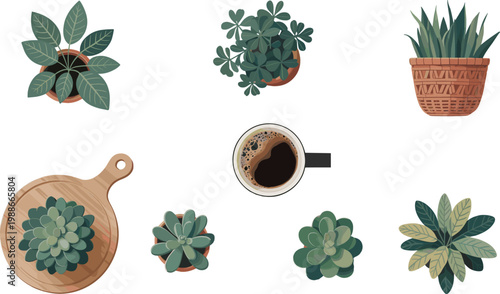 Cozy coffee cup with houseplants, succulent pots, leafy plants, terracotta design, natural home decor, relaxation concept, botanical illustration artwork