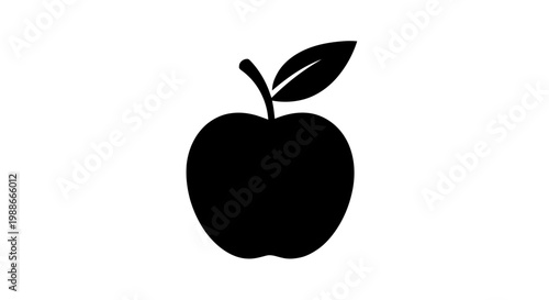 Vector illustration of black apple silhouette with leaf and stem, on a transparent background