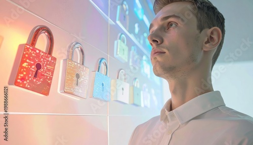 Man and digital locks - Security concept in the digital age.