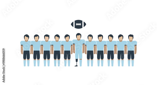 American Football Team Standing Together with One Player Having Prosthetic Leg.