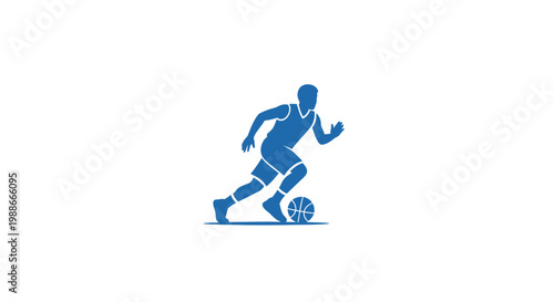 Blue Silhouette of Soccer Player Dribbling Ball.