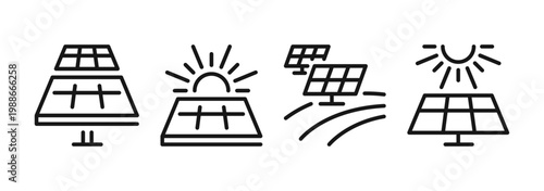 Solar panel and renewable energy icons set, alternative electricity source elements, solar power plant, sustainable energy system, roof panel installation and clean energy symbols.