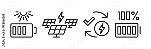 Solar panel and renewable energy icons set, alternative electricity source elements, solar power plant, sustainable energy system, roof panel installation and clean energy symbols.