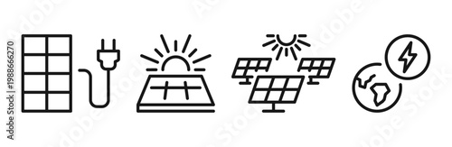 Solar panel and renewable energy icons set, alternative electricity source elements, solar power plant, sustainable energy system, roof panel installation and clean energy symbols.