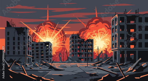 Photos Flat style vector illustration of destroyed city buildings after war with broken