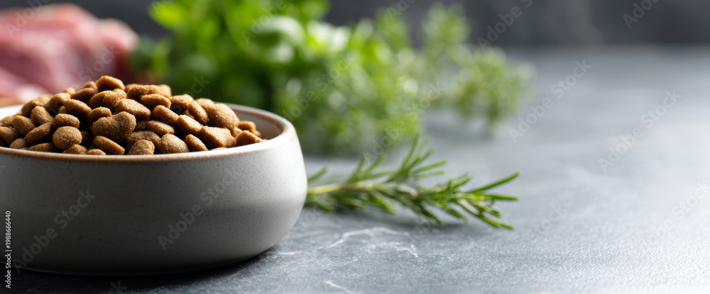 Fototapeta premium Close-up of dry pet food kibble in a ceramic bowl with fresh herbs on a gray marble surface in soft natural light