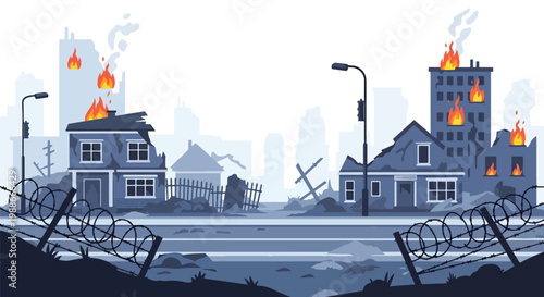 Foto Flat style vector illustration of abandoned urban street with damaged houses and