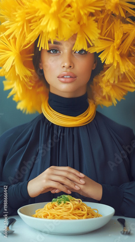 Spaghetti-themed fashion portrait of young woman wearing pasta headpiece and necklace. Surreal culinary art concept with model sitting at table with noodle dish.