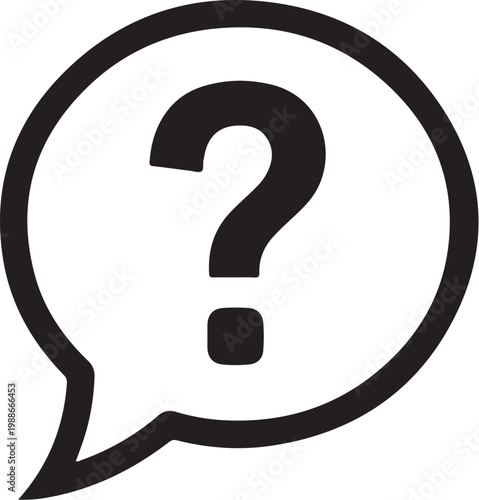 Question mark icon, speech bubble symbol, black and white illustration, query sign
