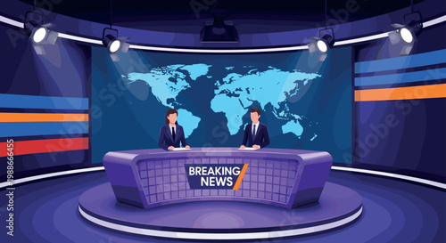 Breaking news television broadcast studio background with two professional anchors sitting at desk vector illustration graphic design.