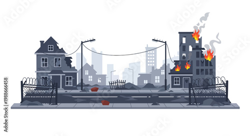 Photos Flat style vector illustration of abandoned urban street with damaged houses and