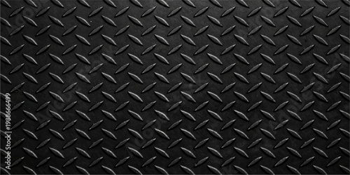 Fotografi Black Industrial Diamond Plate Vector Texture with Seamless Metallic Steel Patte