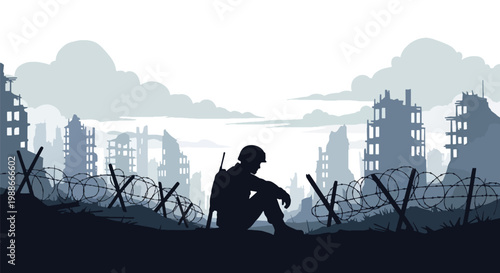 Flat style vector illustration of soldier silhouette sitting alone in destroyed city, representing emotional impact of war, isolation, stress, and human side of conflict