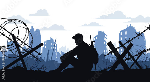Flat style vector illustration of soldier silhouette sitting alone in destroyed city, representing emotional impact of war, isolation, stress, and human side of conflict