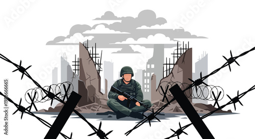 Flat style vector illustration of soldier silhouette sitting alone in destroyed city, representing emotional impact of war, isolation, stress, and human side of conflict