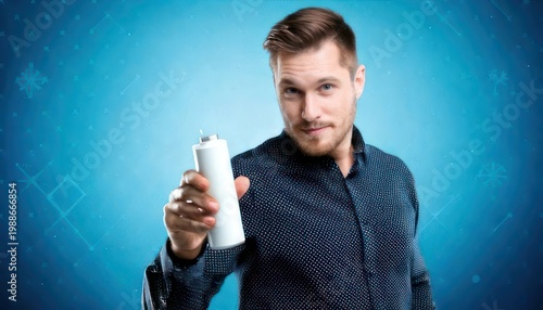 Man holding a white battery against a blue background.