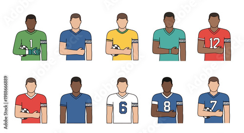 Collection of Diverse Soccer Players in Uniforms.