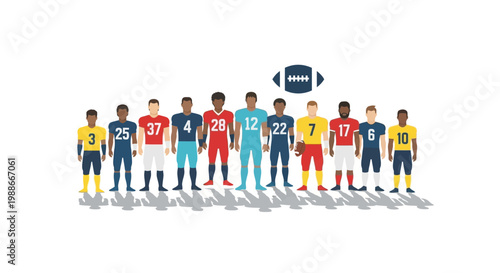 Diverse group of American football players standing together.