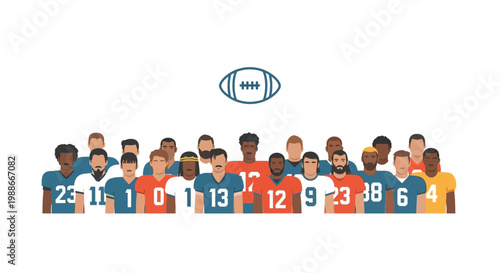 Diverse group of American football players standing together.