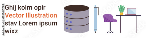 Technology, workspace setup, remote work, home office design, database management, productivity. Icons of a database, pen desk with laptop chair and plant. Technology and workspace