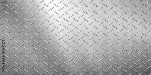 Seamless diamond plate steel texture background, silver metallic tread pattern surface with raised rhombus design, industrial chrome metal backdrop for construction