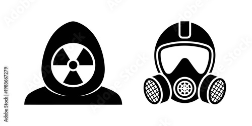 Black silhouettes of person wearing gas mask and hooded person with radiation symbol