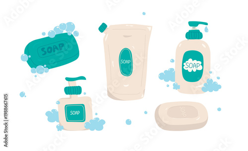 Fotografie Soap Refill and Dispenser Bottle  for Bath Care, Hand-Drawn Vector Collection