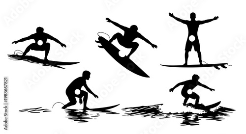 Surfers silhouette set with dynamic poses on waves featuring ocean, surfing, action with sport and beach elements for water, activity projects, clean