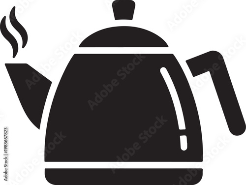 Black kettle icon, tea pot symbol, kitchen utensil, cooking element, flat design