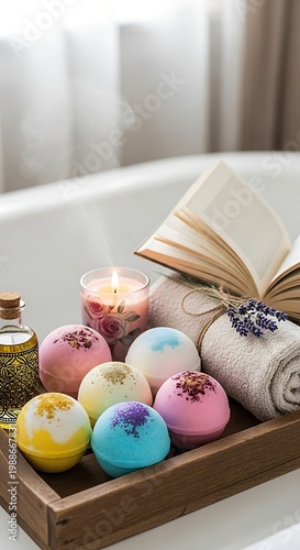 Aromatic bath bombs, lit candle, open book, and oil by a bathtub