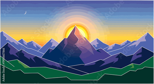 Vector illustration of majestic mountain range at sunrise with crescent moon in colorful sky, stylized geometric landscape peaks, nature wilderness scene, dawn panoramic background